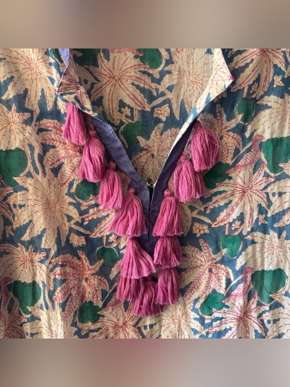 Oliphant Midi Kaftan Dress Sz Medium Cotton Voile Tassels Floral Resort Wear - Picture 2 of 7